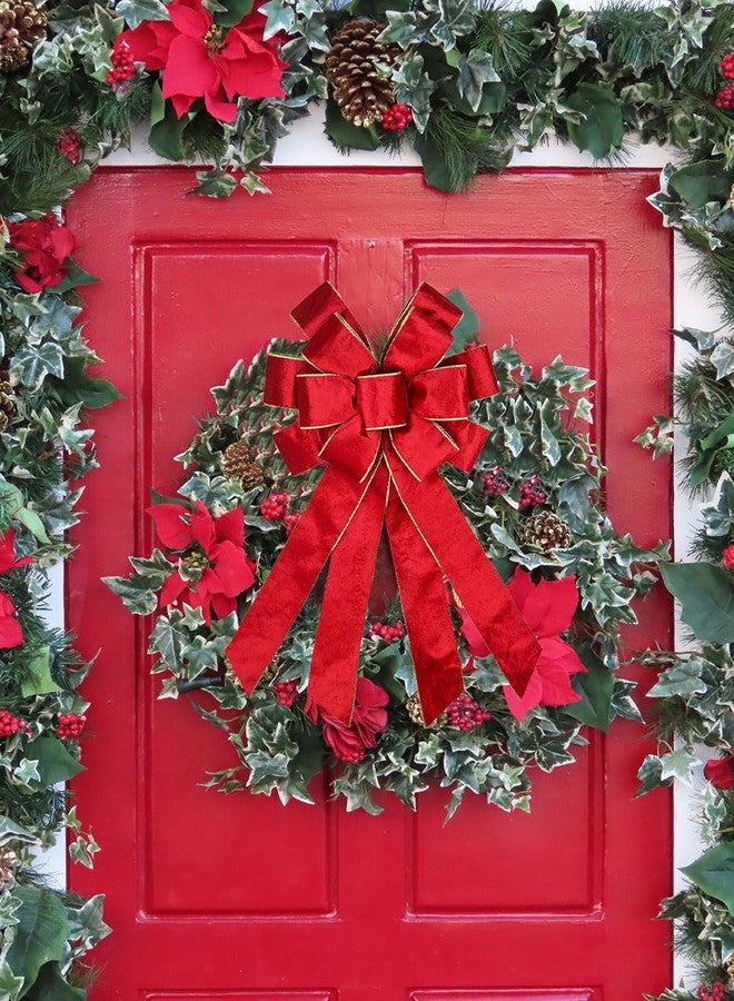 HIENAJ Large Christmas Bow for Wreath - Vintage Red Ribbon Tree Topper - Golden Edged Red Velvet Bows for Indoor Outdoor Xmas Party Decoration, Home Ornament Supplies - Image 4